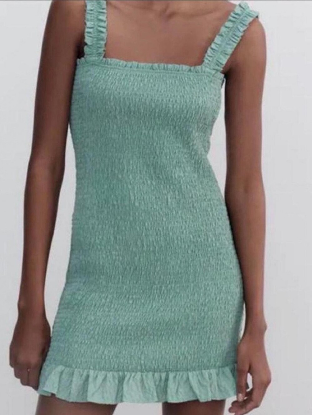 Zara Woman's XL Smocked Ruffle Strap Mini Dress - Sage Green NWT